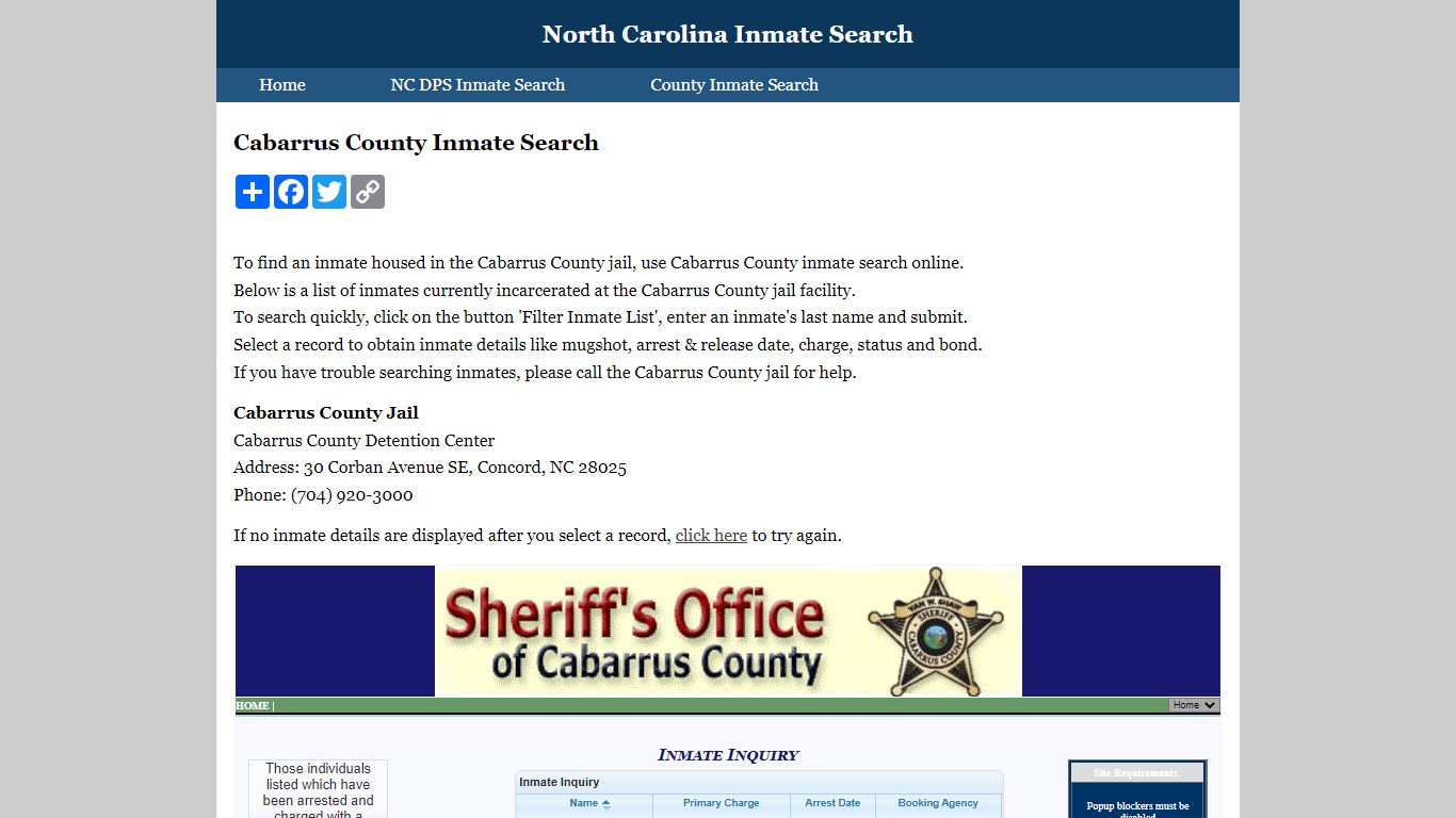 Cabarrus County Inmate Search - North Carolina Inmate Search